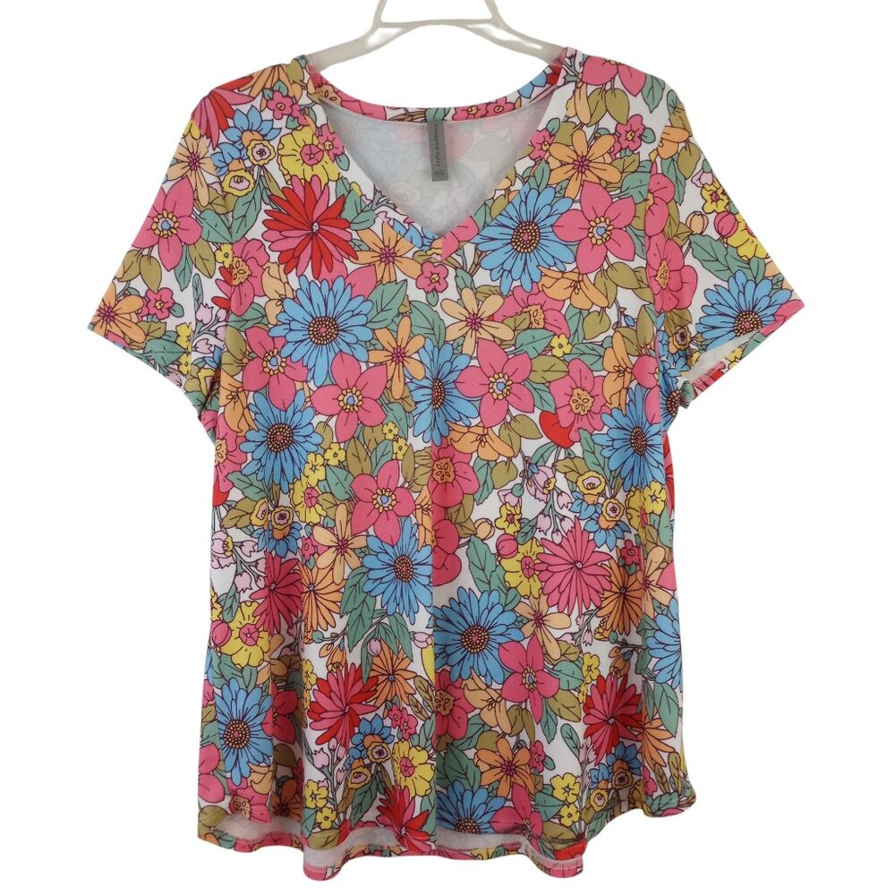 Honeyme Curvy Retro Mod Floral Tunic Tee Top V-Neck Short Sleeve